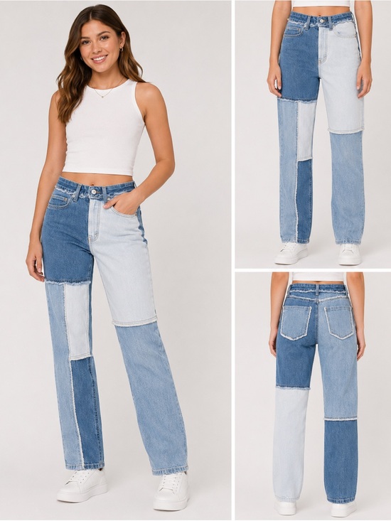 wild fable Denim - Wild Fable Highest Rise Slim Straight Patchwork Two Toned Denim Jeans Size 00